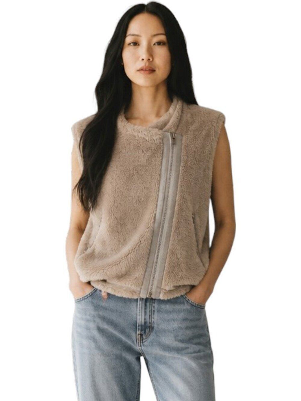 HYFVE Faux Fur Sherpa Moto Asymmetric Zip Vest Taupe Tan Boho Cozy Womens Size L